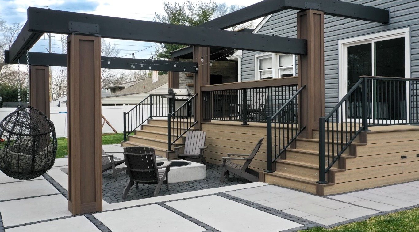 Custom multi-level deck with pergola and fire pit area in Thousand Oaks, CA
